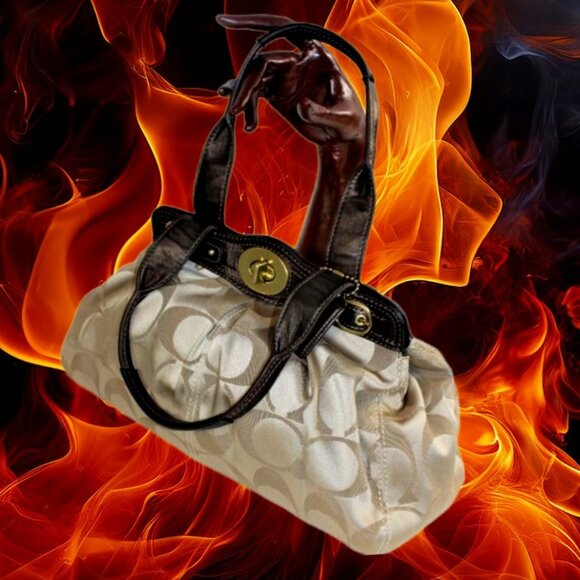 Coach Handbags - Coach Garnet Large Signature C Jacquard Khaki And Bronze Shoulder Satchel